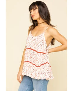 Miss Me Women's Ivory & Red Print Tiered Top