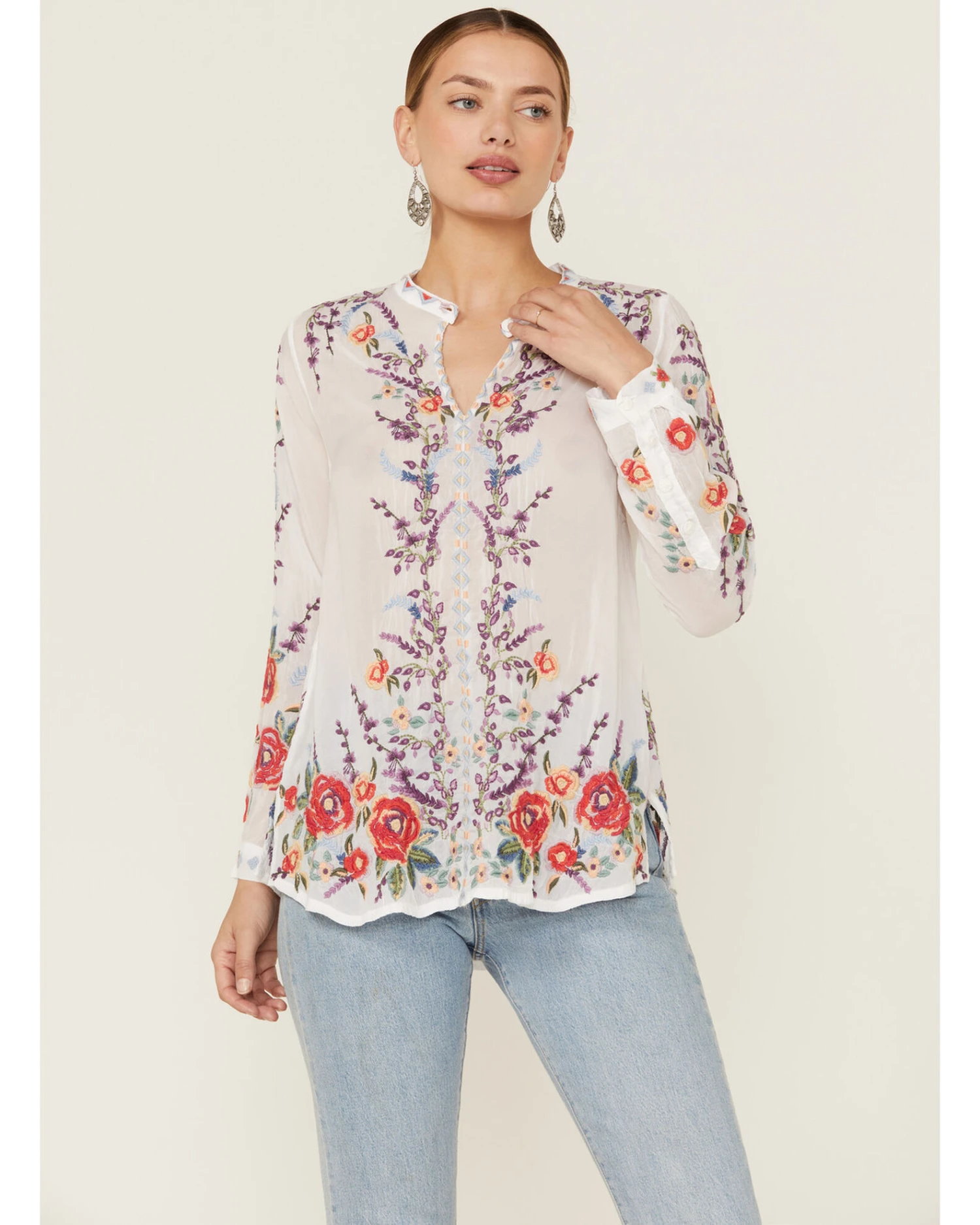Johnny Was Women's Yasmine Embroidered Long Sleeve White Blouse 3 Johnny Was Women's Yasmine Embroidered Long Sleeve White Blouse