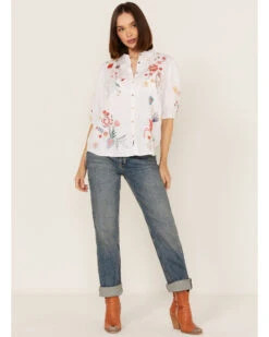 Johnny Was Women's Embroidered Lisbon Short Sleeve Button Down Blouse