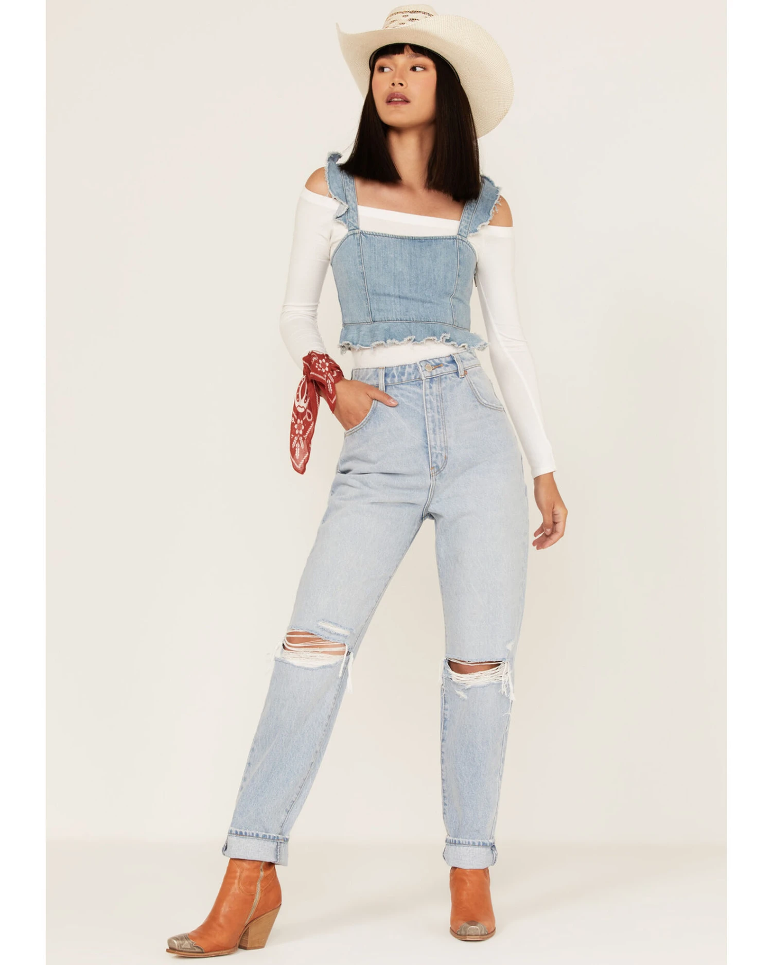 Rolla's Women's Light Wash High Rise Distressed Ella Straight Jeans 3 Rolla's Women's Light Wash High Rise Distressed Ella Straight Jeans