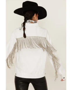 Dan Post Store 30 The Billy Jacket By DanielXDiamond: Women's White Denim Jacket With Silver Fringe