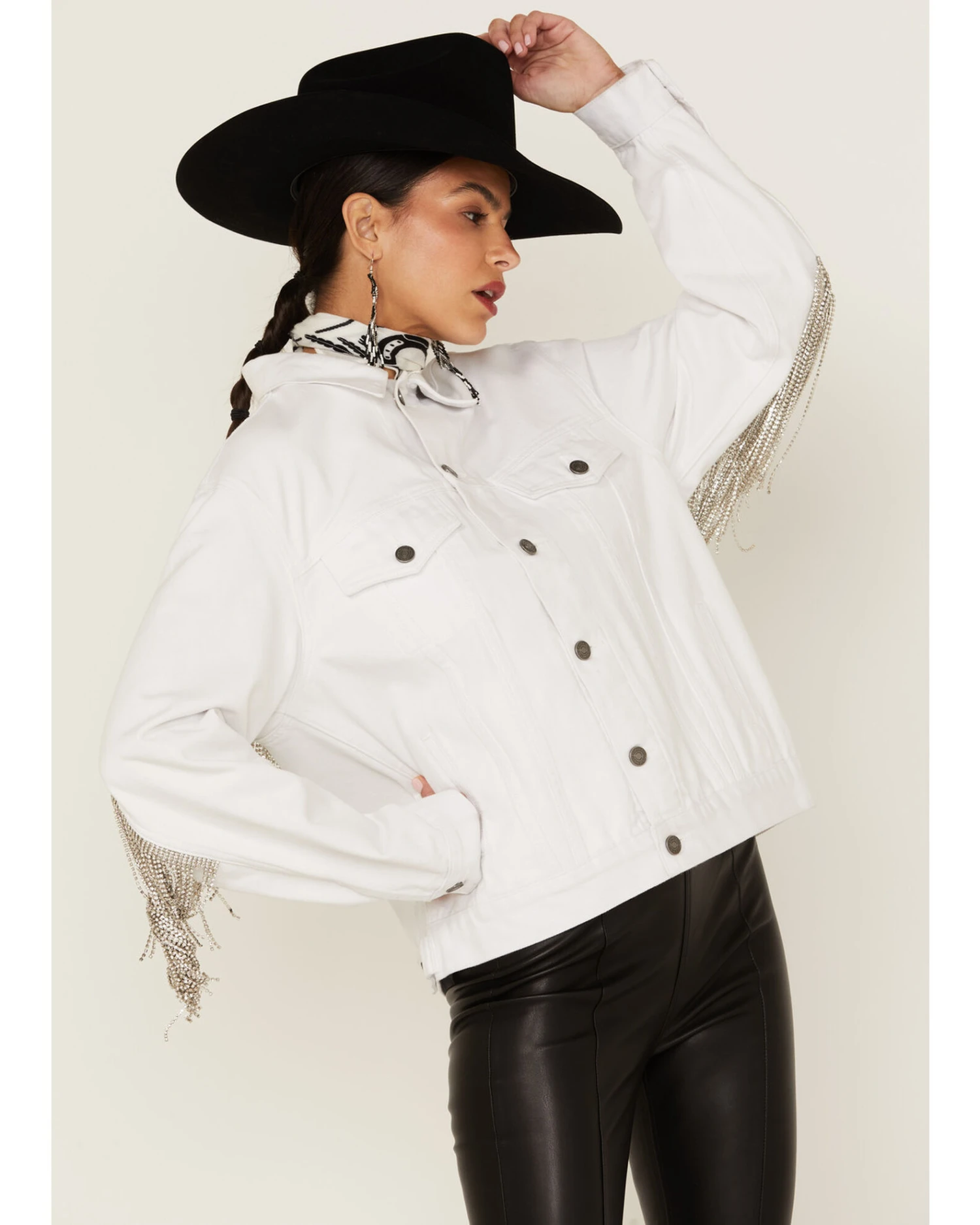 The Billy Jacket By DanielXDiamond: Women's White Denim Jacket With Silver Fringe 5 The Billy Jacket By DanielXDiamond: Women's White Denim Jacket With Silver Fringe - Image 3