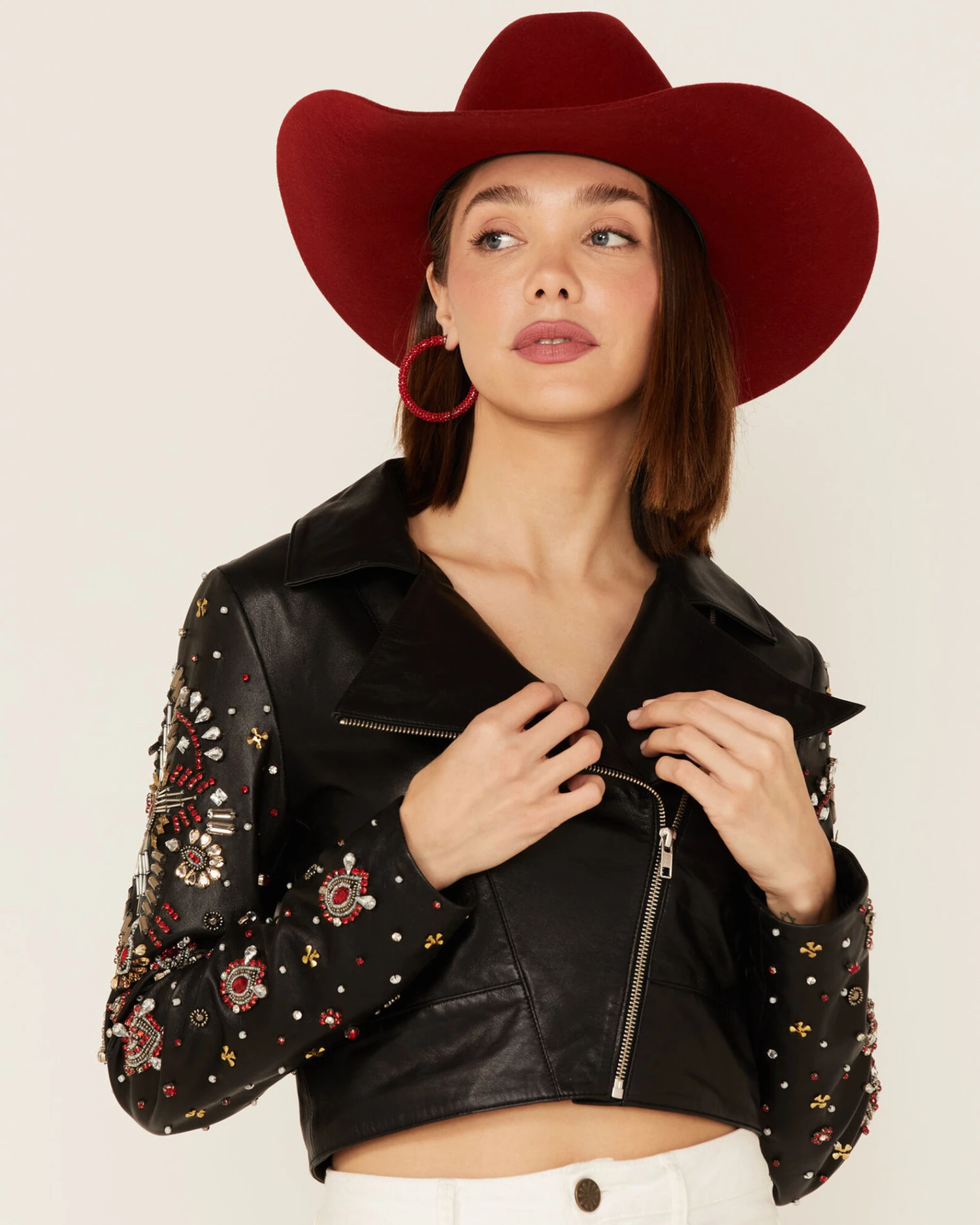 Any Old Iron Women's Beaded Rhinestone Cross Cropped Moto Jacket 4 Any Old Iron Women's Beaded Rhinestone Cross Cropped Moto Jacket - Image 2