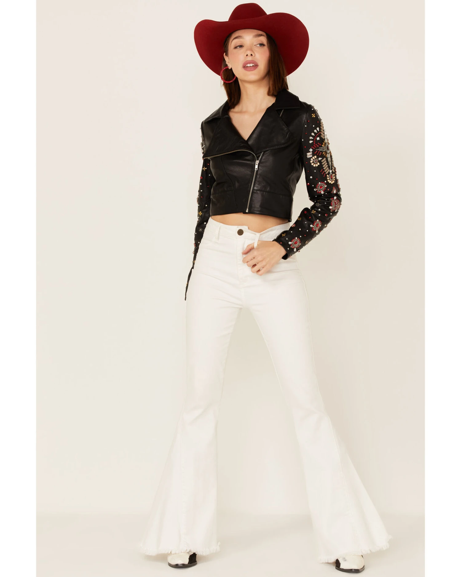 Any Old Iron Women's Beaded Rhinestone Cross Cropped Moto Jacket 6 Any Old Iron Women's Beaded Rhinestone Cross Cropped Moto Jacket - Image 4