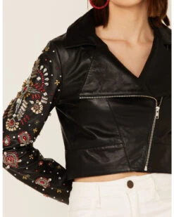Any Old Iron Women's Beaded Rhinestone Cross Cropped Moto Jacket