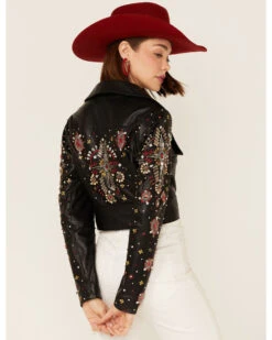 Any Old Iron Women's Beaded Rhinestone Cross Cropped Moto Jacket 8 Any Old Iron Women's Beaded Rhinestone Cross Cropped Moto Jacket -Dan Post Store 2000374269 001 P4