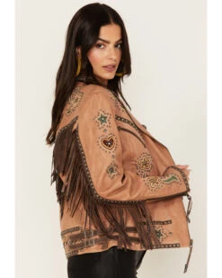 Double D Ranch Women's Floral Embroidered Studded Fringe Roughstock Leather Jacket -Dan Post Store 2000377151 280 P2