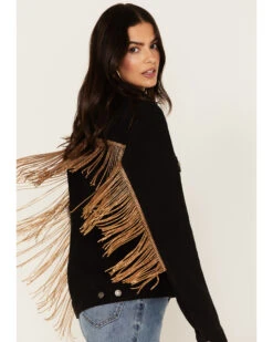 The Harley Jacket By DanielXDiamond: Women's Black Denim Jacket With Gold Fringe