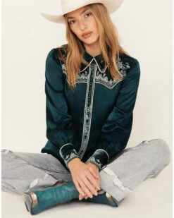 Shyanne Women's Embellished Velvet Long Sleeve Button-Down Western Shirt -Dan Post Store 2000380648 443 P1