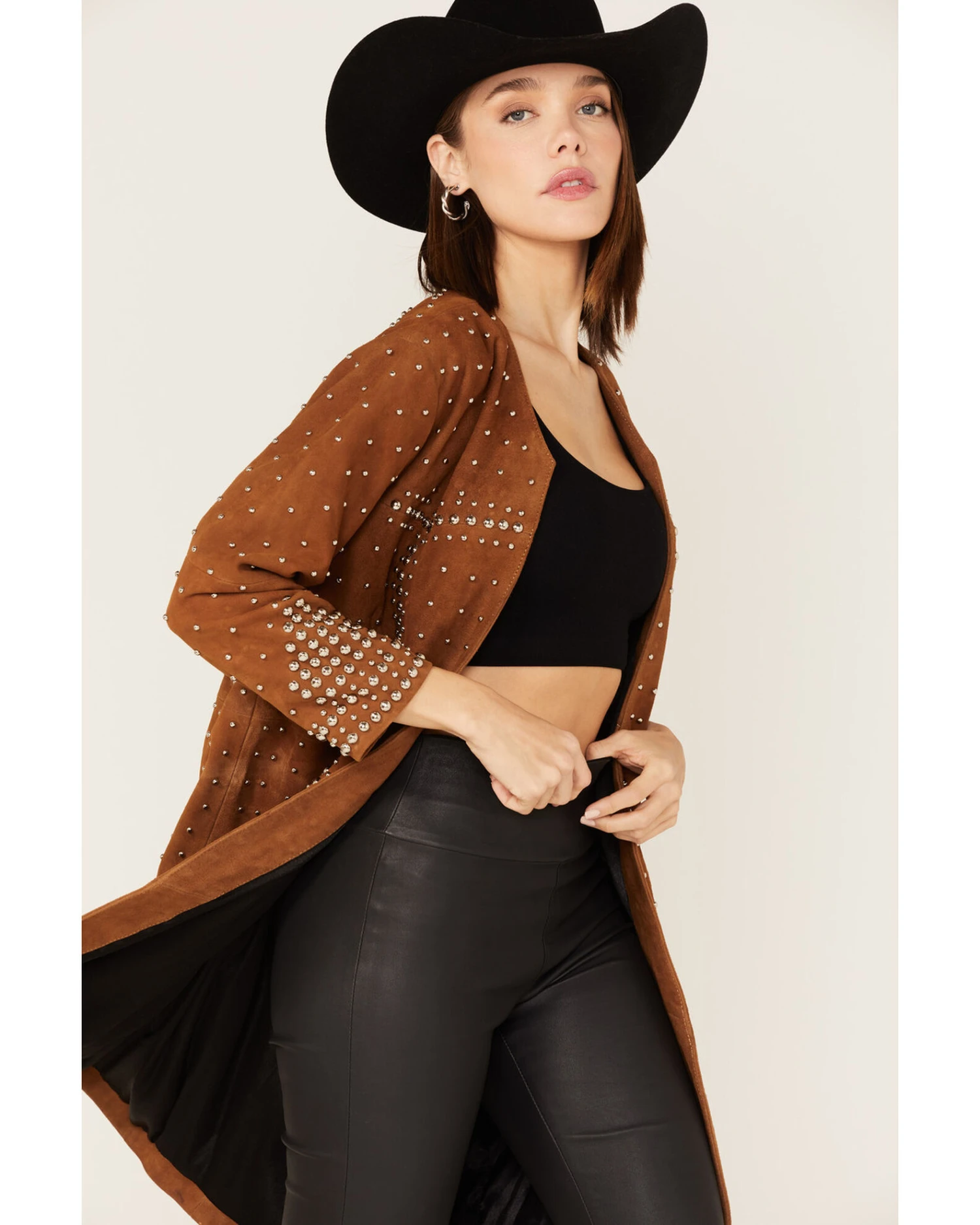 Understated Leather Studded Suede Duster Coat 3 Understated Leather Studded Suede Duster Coat