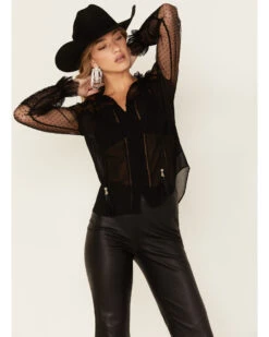 Wonderwest Women's Lace Sheer Sleeve Button Blouse 9 Wonderwest Women's Lace Sheer Sleeve Button Blouse -Dan Post Store 2000383187 001 P1