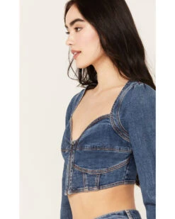 Shyanne Women's Medium Wash Denim Cropped Long Sleeve Corset Top
