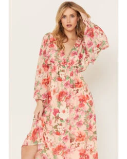 Flying Tomato Women's Floral Print Long Sleeve Midi Dress