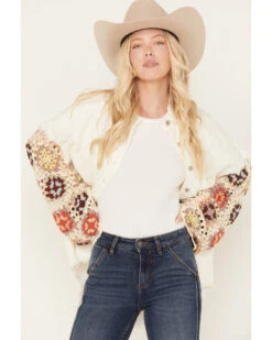 POL Women's Crochet Sleeve Long Sleeve Button Down Shacket -Dan Post Store 2000393558 103 P2