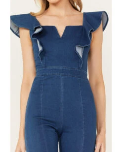 Flying Tomato Women's Denim Notch Neck Sleeveless Jumpsuit