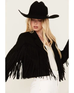 Saints & Hearts Women's Faux Suede Cropped Fringe Jacket